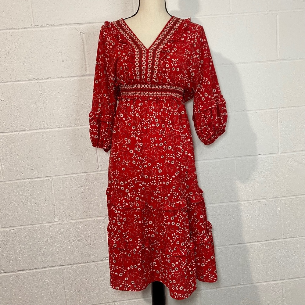 Max Studio Red Balloon Sleeve Tiered Floral Print dress